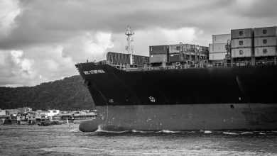 Navio porta-contêineres no Porto de Santos, em imagem em preto e branco.